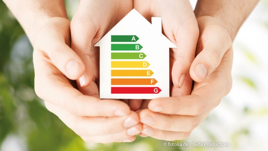 4 Hände halten ein Haus mit Energieübersicht fest